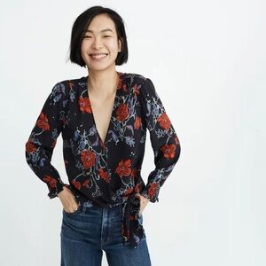Madewell Silk Smocked-Sleeve Wrap Top